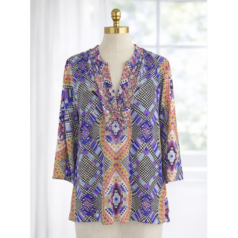 Beach Swim Vibrant Coverup Blouse Semi Sheer Beaded V Neck Tunic Shirt Size M